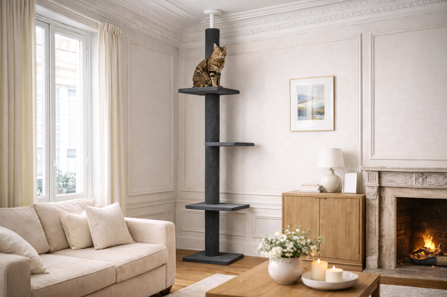 arbre à chat sol plafond gris minimaliste avec plateforme et chat dans salon élégant lumineux