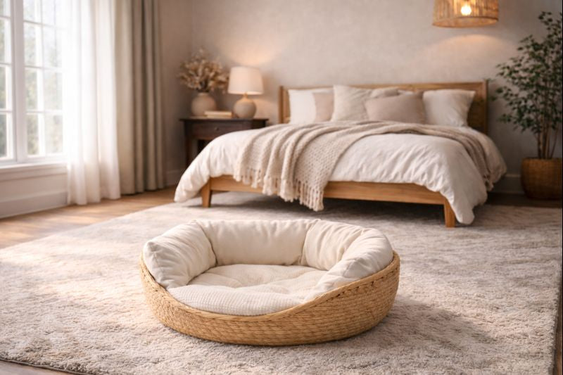 Panier tressé pour chat ELARA avec coussin épais dans une chambre élégante, ambiance douce et cocooning