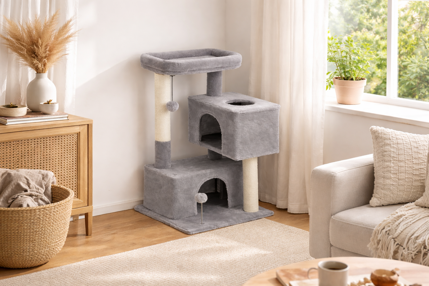 arbre à chat ARIA 80 cm — version gris élégant, avec double niches cosy, plateforme d’observation rembourrée et poteaux en sisal pour un espace compact, doux et ultra rassurant