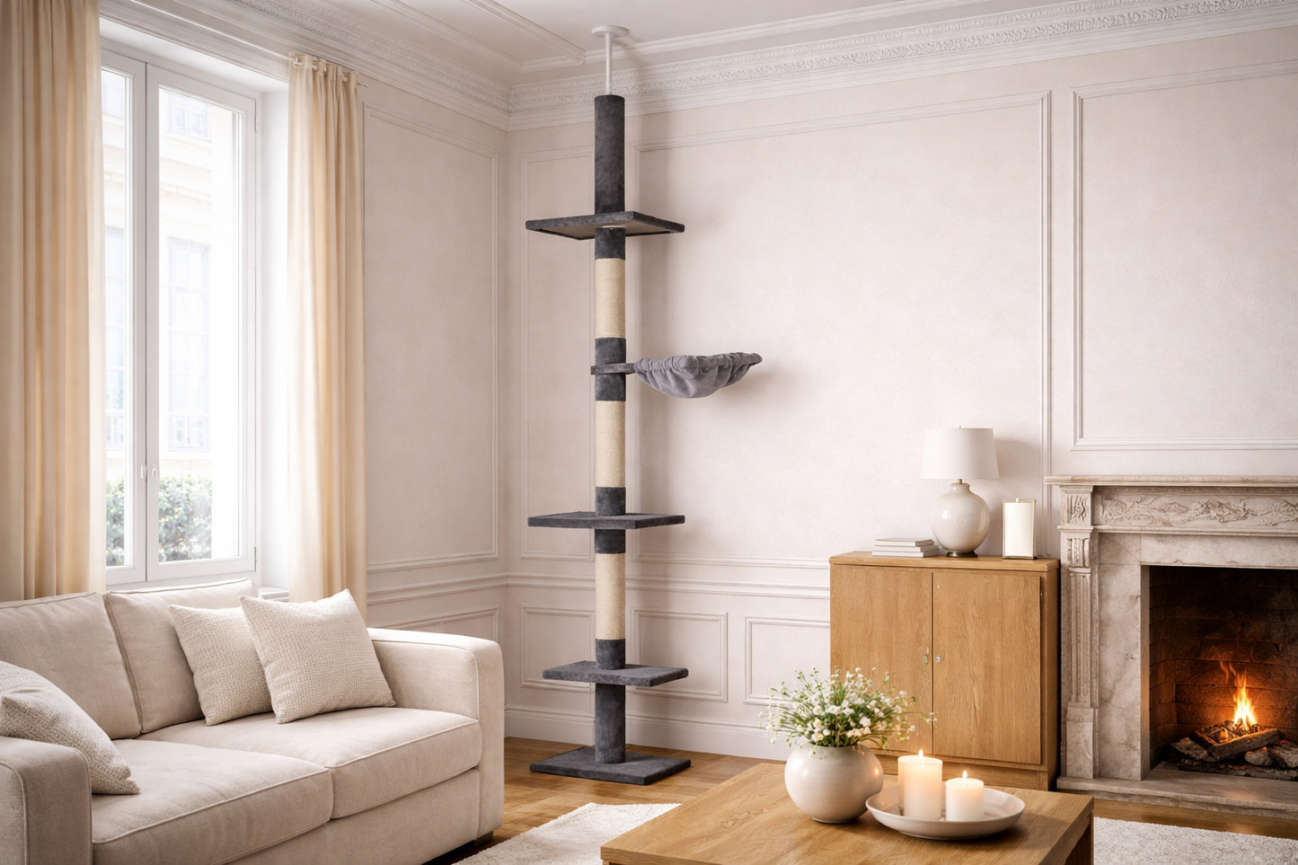 arbre à chat sol plafond gris minimaliste avec hamac dans salon élégant lumineux avec cheminée