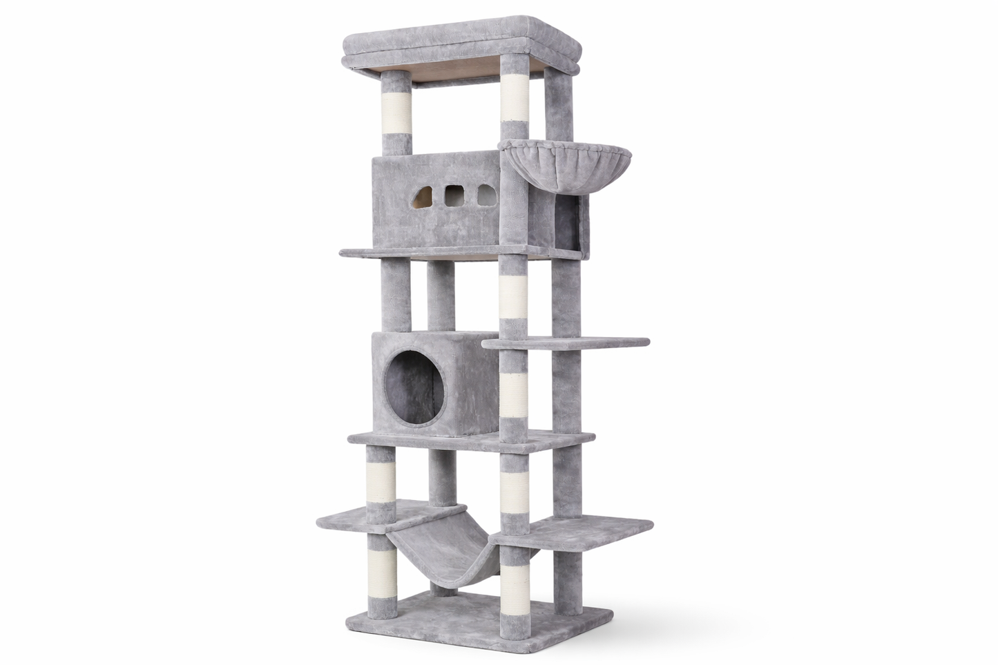 Arbre à chat COSMO gris foncé avec plateformes, niches, hamac et poteaux en sisal pour grimper, jouer et se reposer