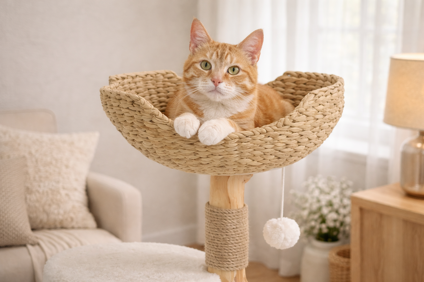 Chat roux dans panier en rotin sur arbre à chat OPALE en bois naturel dans un salon lumineux