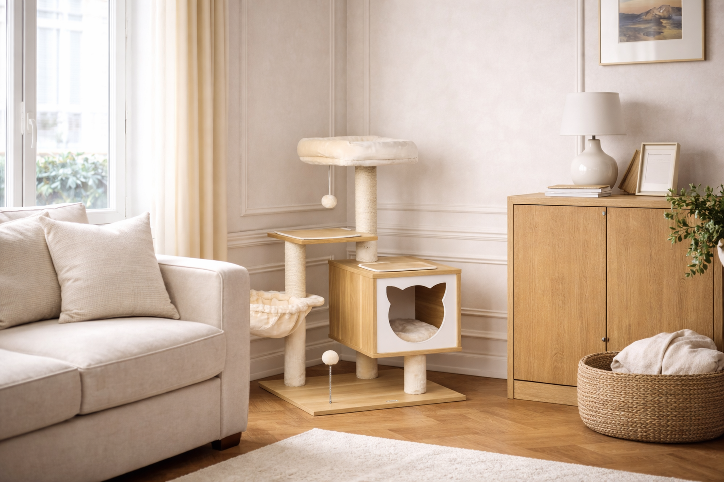 arbre à chat design bois avec niche, plateforme et hamac dans salon lumineux élégant