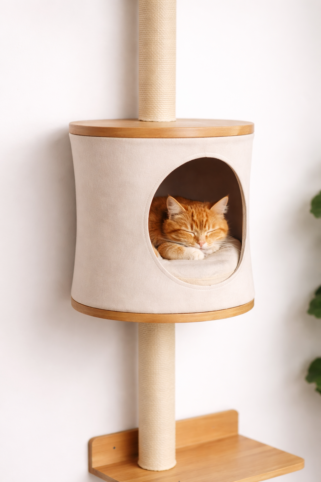 Niche de l’arbre à chat mural AERIS avec coussin intérieur, chat roux en train de dormir dans un espace confortable et sécurisé