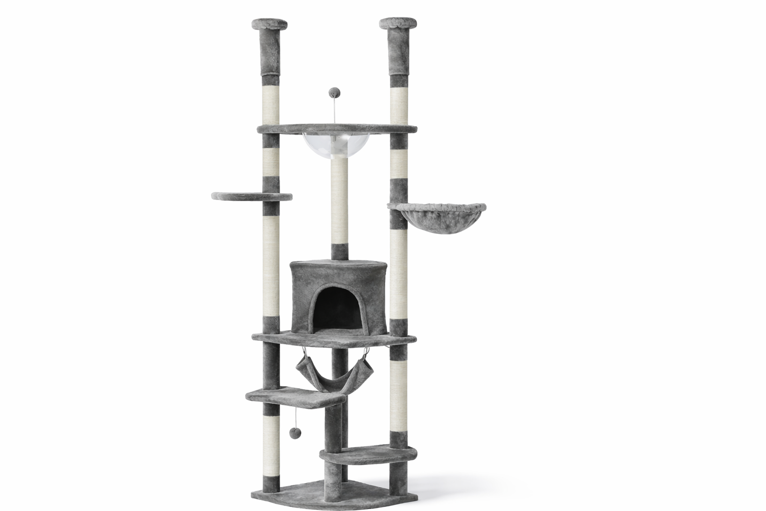 arbre à chat sol plafond réglable 236–258 cm avec plateformes, niche et hamac design gris