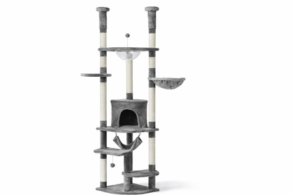 arbre à chat sol plafond réglable 236–258 cm avec plateformes, niche et hamac design gris