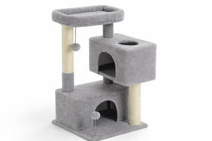 arbre à chat ARIA 80 cm — format compact avec double niche cocooning, plateformes moelleuses et poteaux en sisal pour jeu et repos au quotidien