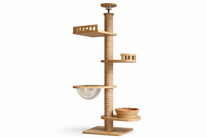 arbre à chat ÉPURE sur mesure en bois clair avec poteau en corde naturelle, plateformes minimalistes, niche panier et bulle transparente au design haut de gamme épuré