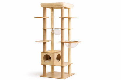 arbre à chat ESSENCE 180 cm en bois naturel avec structure multi-poteaux, niches cubiques, plateformes et bulles transparentes design