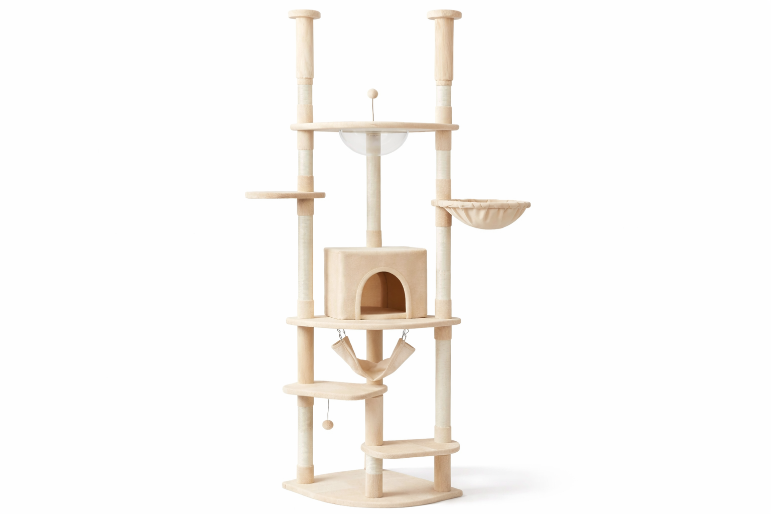 arbre à chat sol plafond réglable 236–258 cm avec plateformes, niche et hamac design beige