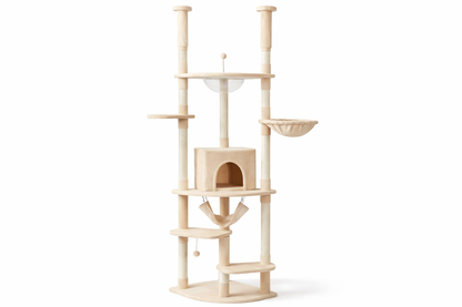 arbre à chat sol plafond réglable 236–258 cm avec plateformes, niche et hamac design beige