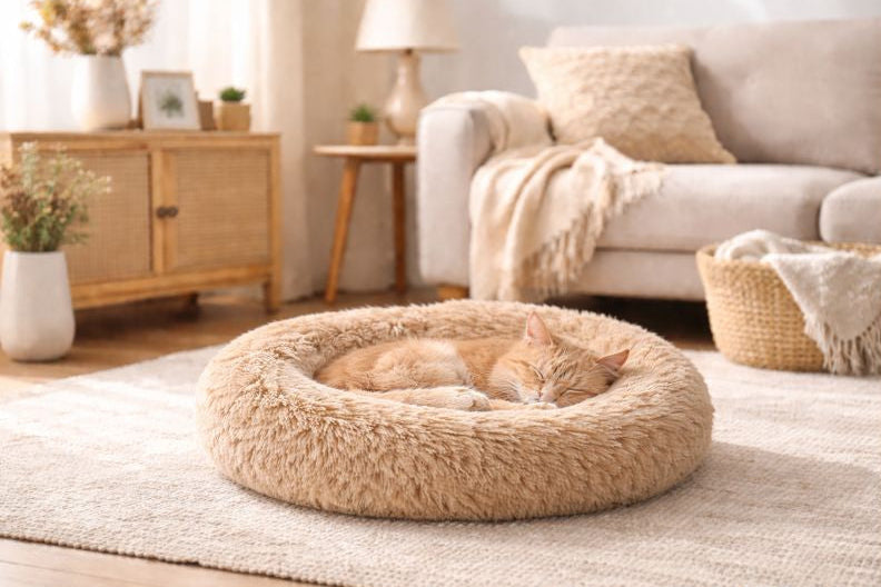 Chat roux endormi dans le coussin NUA ultra moelleux dans un salon chaleureux, confort enveloppant et ambiance cocooning