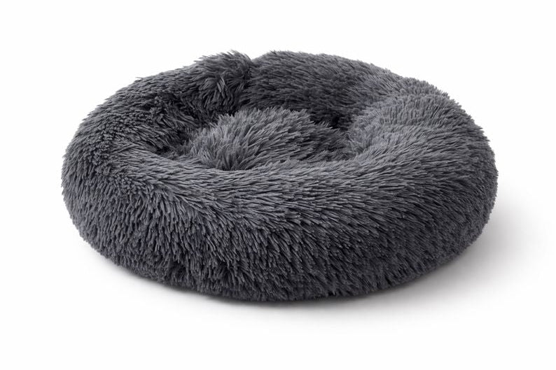 Coussin gris pour chat NUA ultra moelleux en tissu doux, forme ronde enveloppante pour un confort maximal