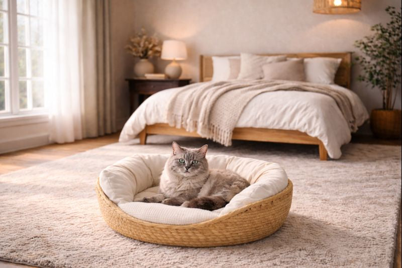Chat installé dans le panier tressé ELARA avec coussin moelleux, dans une chambre douce et chaleureuse