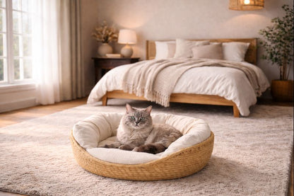 Chat installé dans le panier tressé ELARA avec coussin moelleux, dans une chambre douce et chaleureuse