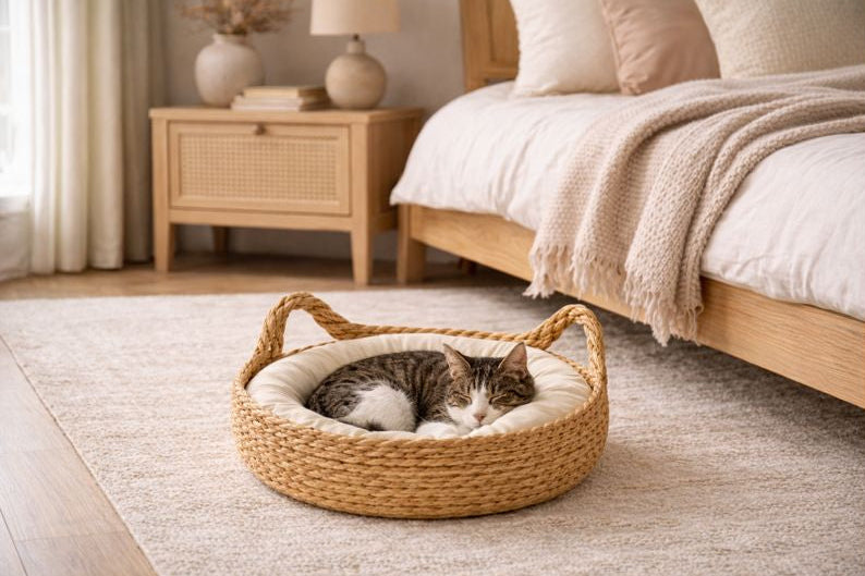 Chat endormi dans le panier tressé ORÉA avec coussin moelleux posé sur un tapis dans un salon chaleureux