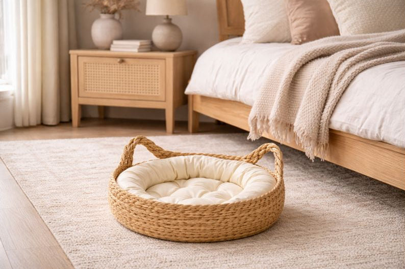 Panier tressé pour chat ORÉA avec coussin moelleux dans une chambre chaleureuse, style naturel et apaisant