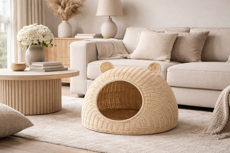 Niche tressée NESTA en rotin installée dans un salon cosy avec canapé et décoration naturelle