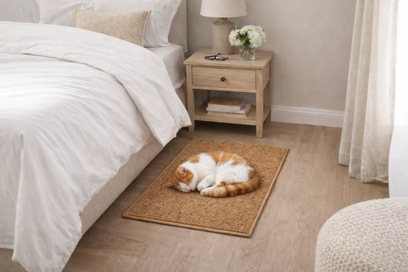 Chat roux endormi sur le tapis à gratter SABLE dans une chambre douce et lumineuse, ambiance calme et cosy