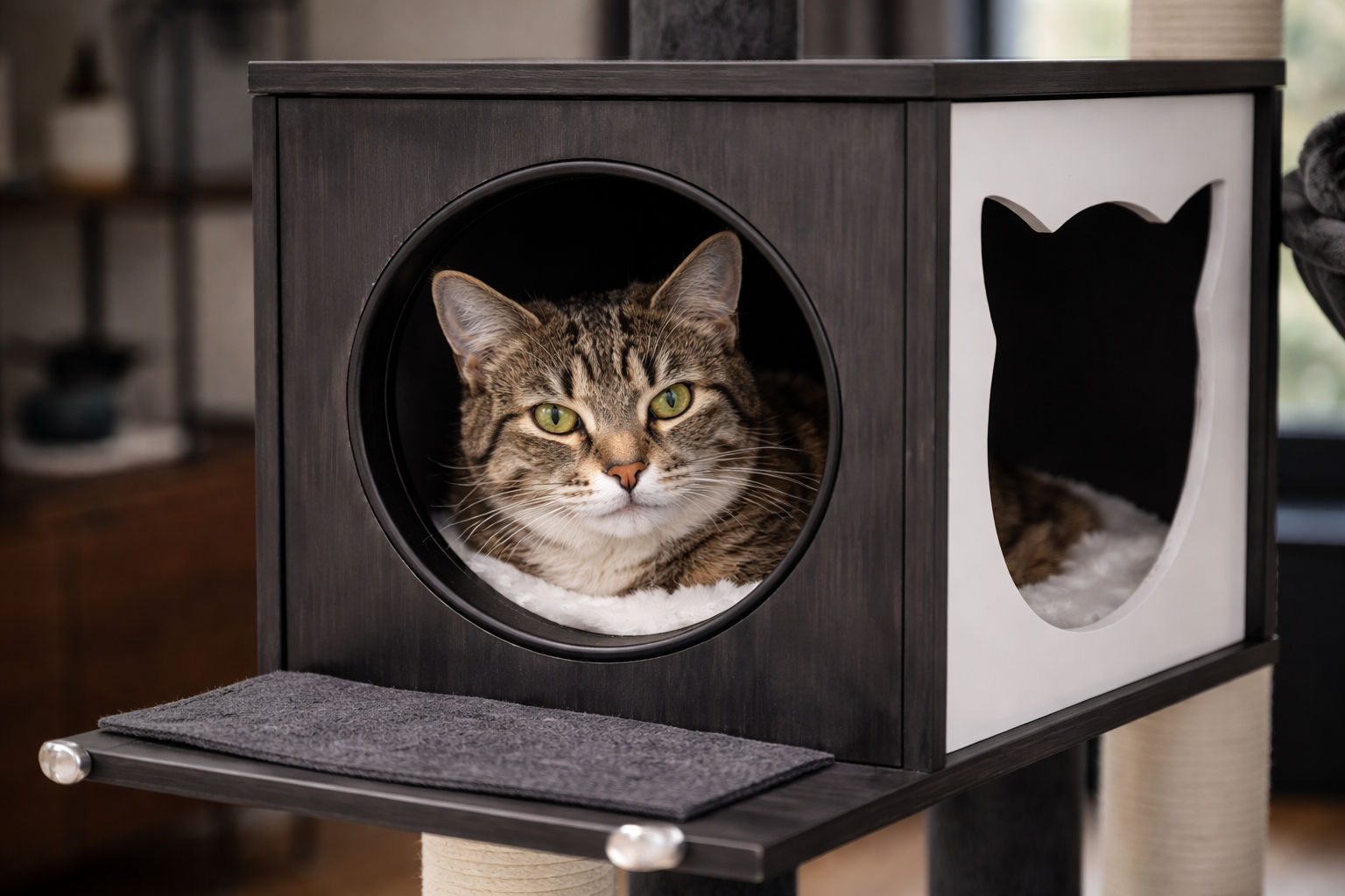 chat tigré installé dans une niche design noire et blanche d’arbre à chat avec coussin moelleux dans un intérieur moderne et chaleureux