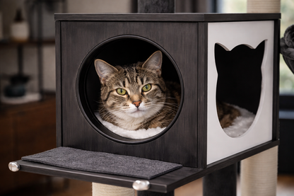 chat tigré installé dans une niche design noire et blanche d’arbre à chat avec coussin moelleux dans un intérieur moderne et chaleureux