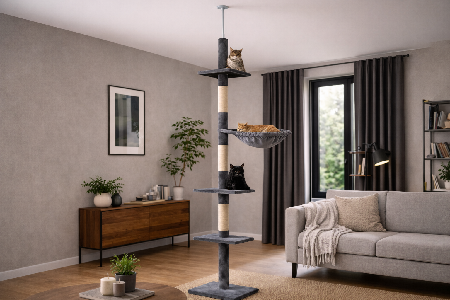 arbre à chat sol plafond gris avec plateformes et chats dans salon moderne cosy lumineux
