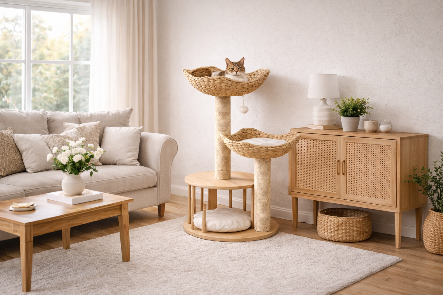 arbre à chat CÉLESTE 100 cm — véritable pièce déco en bois et rotin, avec couchages aériens enveloppants, coin cocoon au sol et design chaleureux qui s’intègre parfaitement dans un intérieur élégant