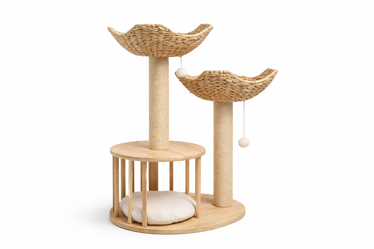 arbre à chat CÉLESTE 100 cm — design naturel en bois et rotin, avec niches aériennes tressées, espace cocoon au sol et poteaux en sisal pour un coin à la fois élégant et apaisant