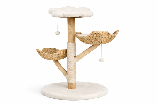 arbre à chat CLOUD 110 cm — design aérien inspiré de la nature, avec plateformes en rotin suspendues, coussin nuage ultra doux et structure bois élégante pour un espace aussi beau que confortable