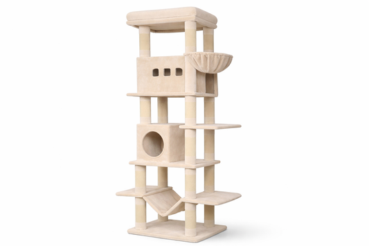 Arbre à chat COSMO beige avec plateformes, niches, hamac et poteaux en sisal pour grimper, jouer et se reposer