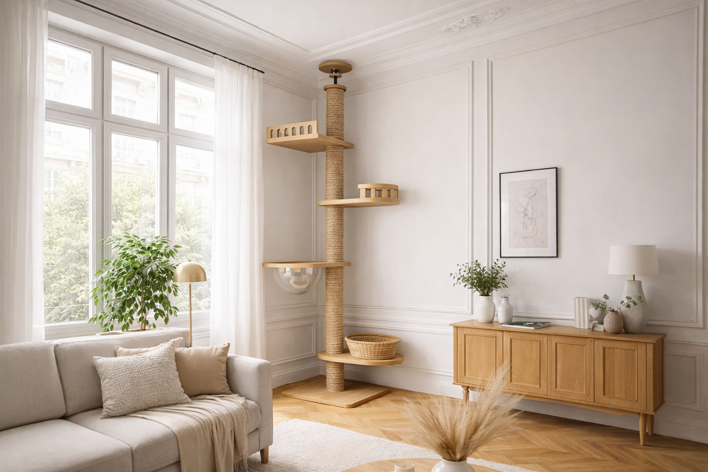 arbre à chat en bois clair sur mesure avec poteau en corde naturelle, plateformes minimalistes, panier en osier et bulle transparente intégré dans un salon élégant et lumineux style haut de gamme