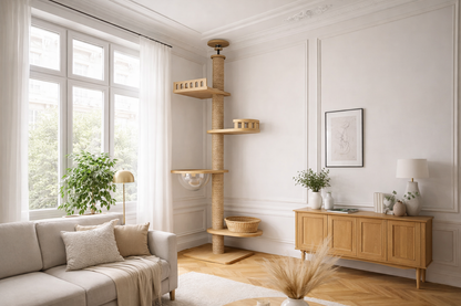 arbre à chat en bois clair sur mesure avec poteau en corde naturelle, plateformes minimalistes, panier en osier et bulle transparente intégré dans un salon élégant et lumineux style haut de gamme