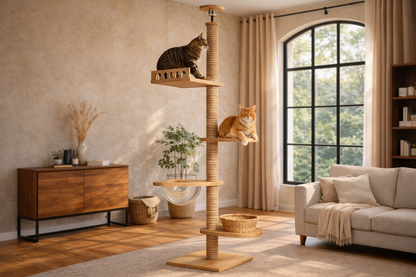 arbre à chat en bois clair sur mesure avec poteau en corde naturelle, plateformes design, panier en osier et bulle transparente dans un salon lumineux avec deux chats en hauteur