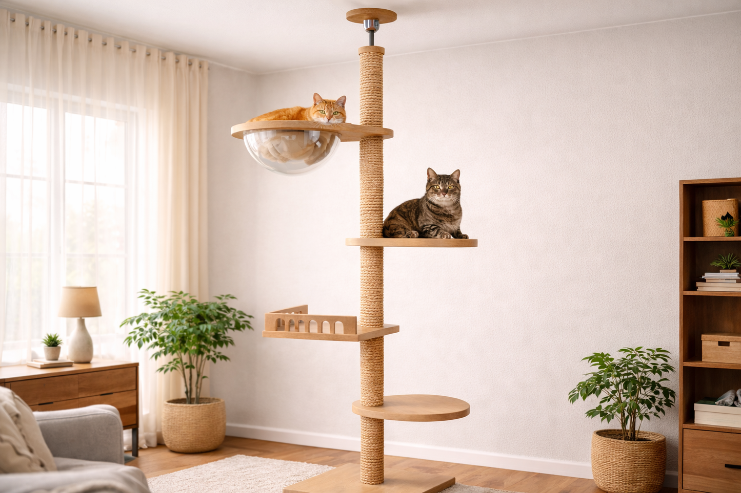 arbre à chat sol plafond en bois avec plateformes, bulle transparente et chats dans salon lumineux moderne