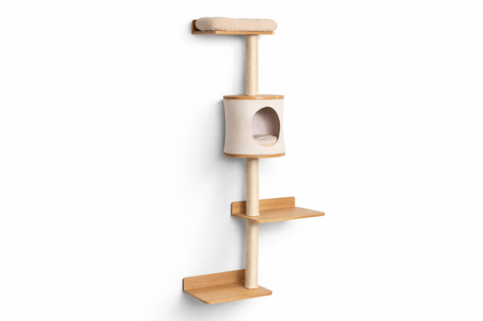 Arbre à chat mural AERIS en bois avec niche suspendue, plateformes et poteaux griffoirs en sisal pour chat d’intérieur