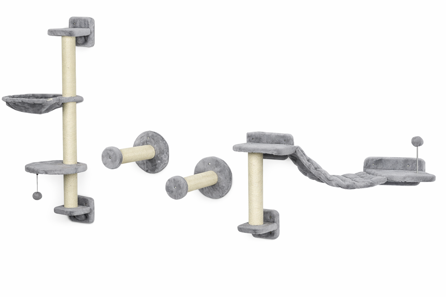 Arbre à chat mural gris ASTOR avec modules en peluche, plateformes, hamac suspendu et poteaux griffoirs pour chat