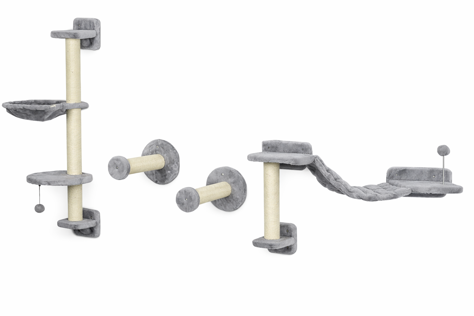 Arbre à chat mural gris ASTOR avec modules en peluche, plateformes, hamac suspendu et poteaux griffoirs pour chat