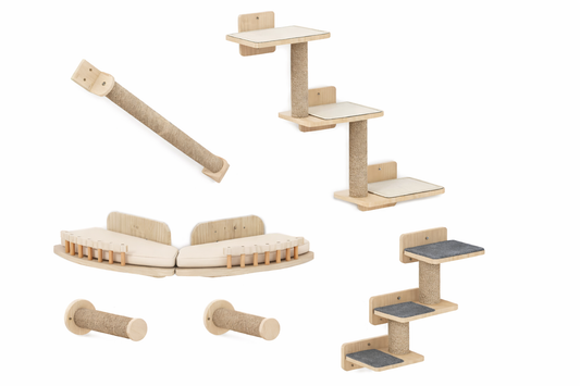 Arbre à chat mural NEXIS en bois avec modules escalier, plateformes coussinées et poteaux griffoirs en sisal