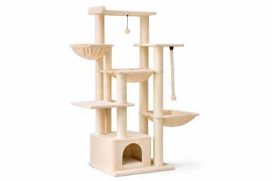 Arbre à chat ONYX 170 cm avec multiples plateformes, hamacs suspendus, niche et poteaux en sisal beige