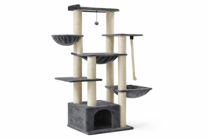 Arbre à chat ONYX 170 cm avec multiples plateformes, hamacs suspendus, niche et poteaux en sisal gris