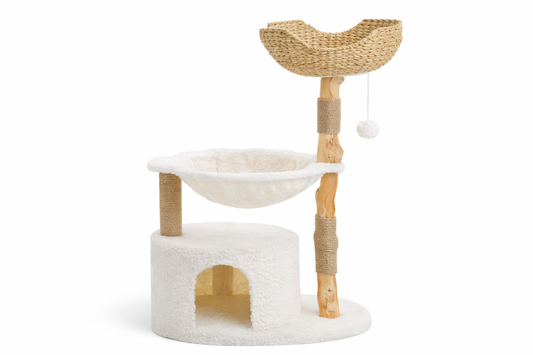Arbre à chat OPALE 102 cm en bois naturel avec niche, panier en rotin et hamac moelleux pour chat