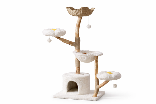 Arbre à chat ORION 150 cm en bois naturel avec plateformes fleurs, panier en rotin et niche pour chat