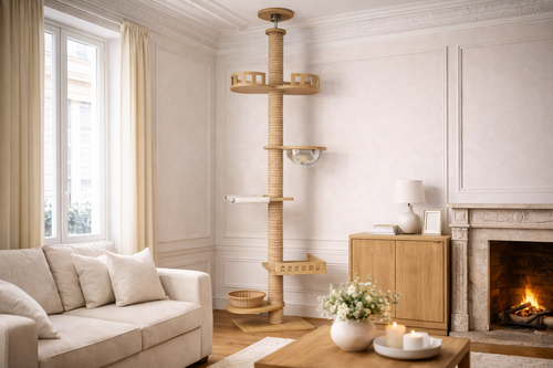 arbre à chat sol plafond en bois avec plateformes et corde naturelle dans salon élégant lumineux avec cheminée