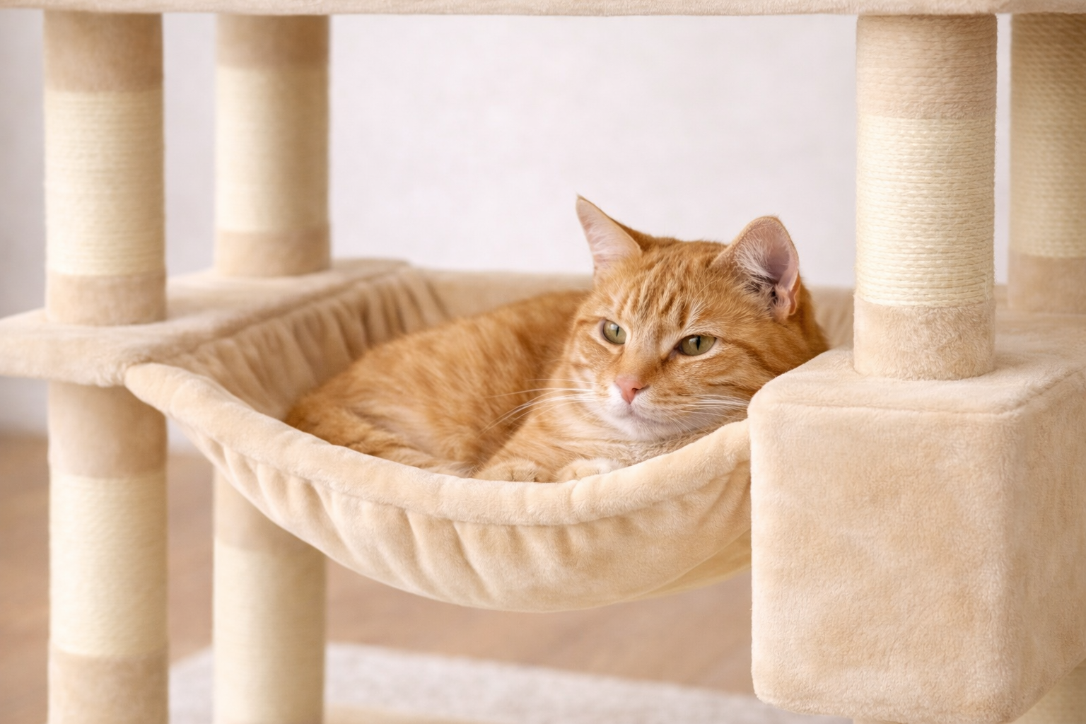 chat allongé dans hamac d’arbre à chat beige confortable et doux