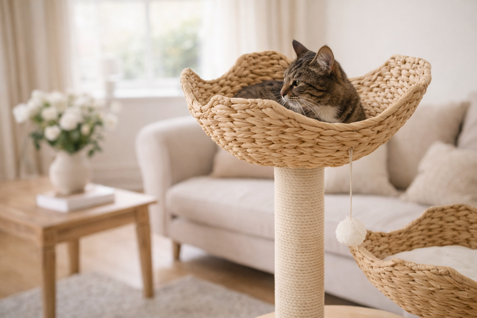 arbre à chat CÉLESTE 100 cm — niches en rotin tressé ultra confort, couchage aérien enveloppant et design naturel qui sublime votre intérieur tout en offrant à votre chat un véritable cocon de sérénité