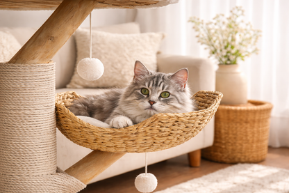 arbre à chat CLOUD 110 cm — couchages en rotin suspendus ultra enveloppants, détails en bois naturel et jouets intégrés pour offrir à votre chat un nid cosy, ludique et apaisant au quotidien