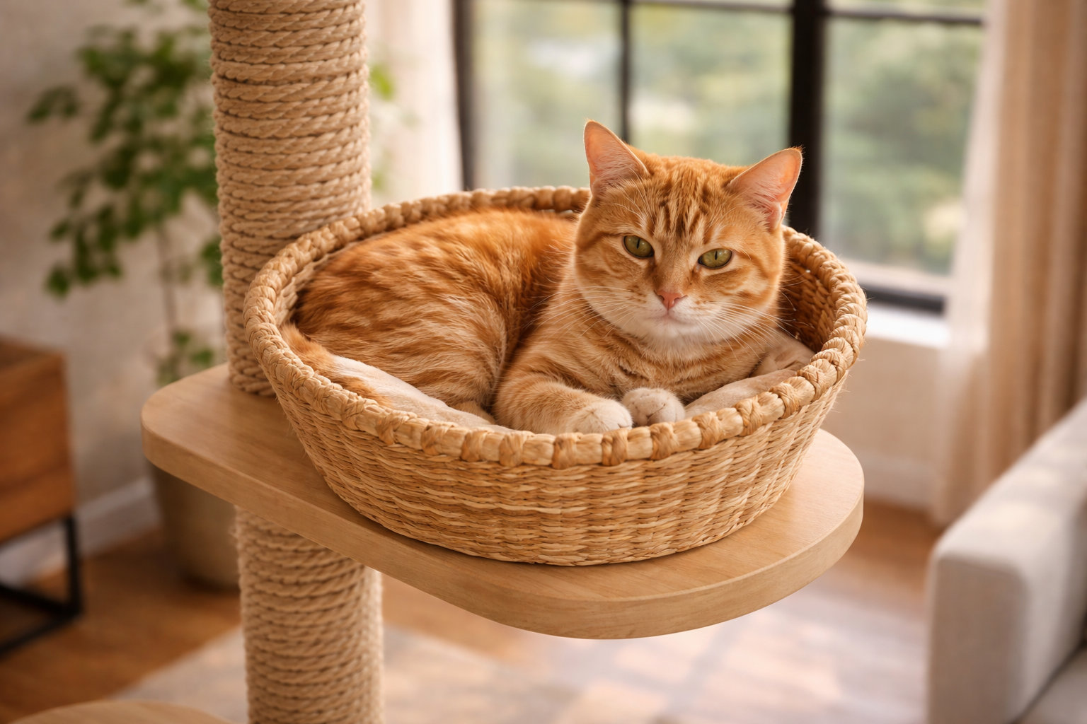 chat roux allongé dans un panier en osier intégré à un arbre à chat en bois clair avec poteau en corde naturelle dans un intérieur lumineux et chaleureux