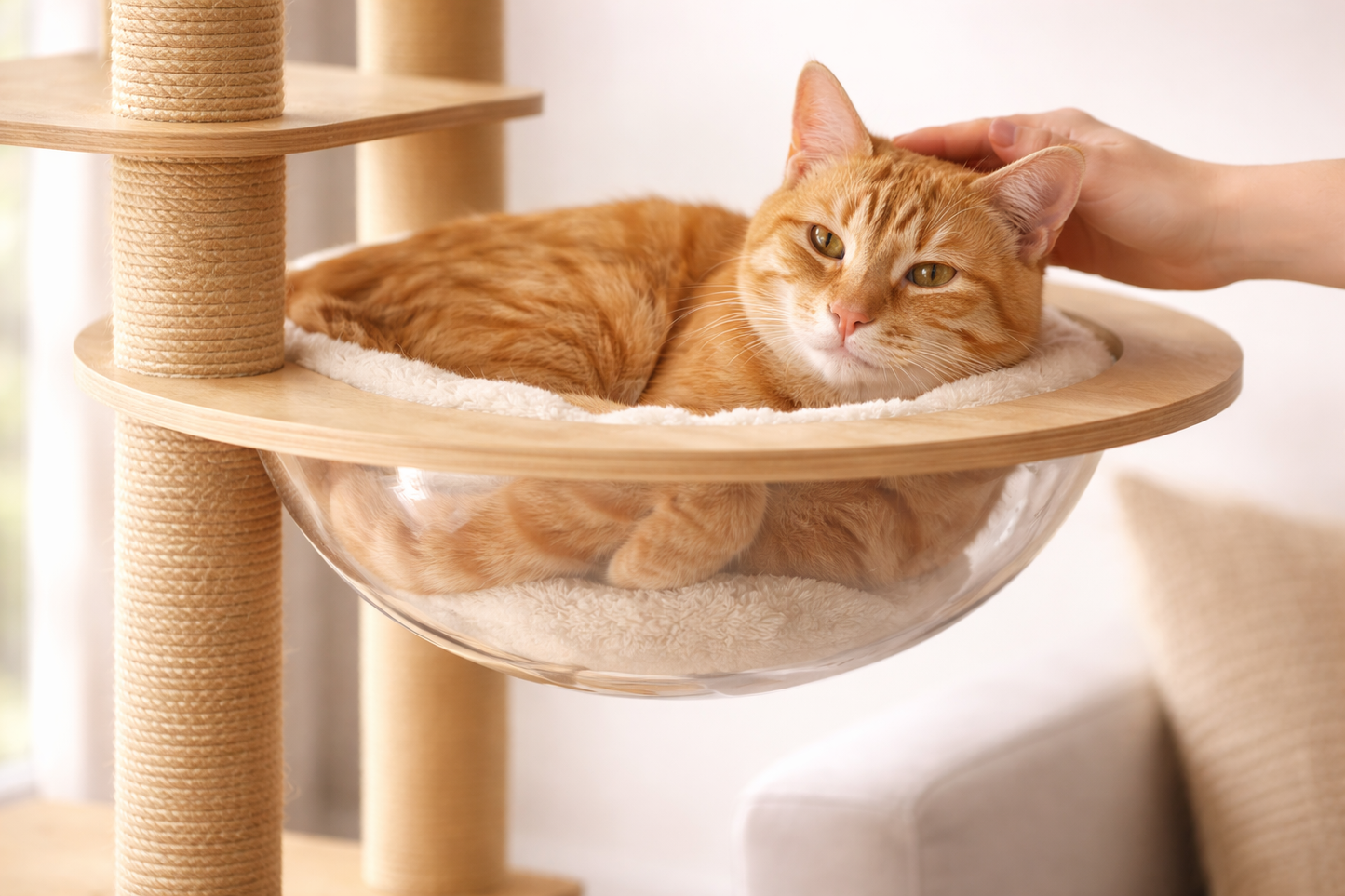plateforme bulle suspendue en plexiglas avec coussin moelleux intégré — espace cocooning premium pour chat, vue panoramique et confort absolu