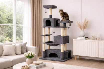 arbre à chat gris 164 cm avec chat sur plateforme dans salon lumineux moderne