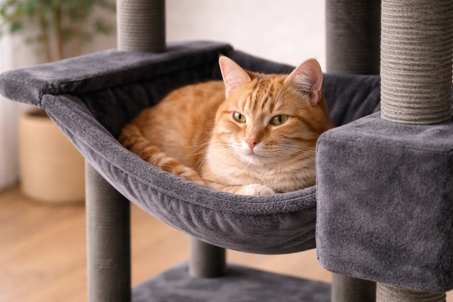 chat allongé dans hamac d’arbre à chat gris doux et confortable avec poteaux en sisal